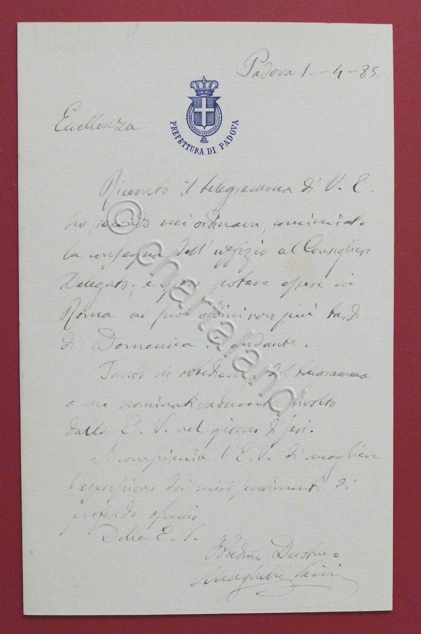 Lettera manoscritta con autografo del prefetto Giovanni Minghelli Vaini - …
