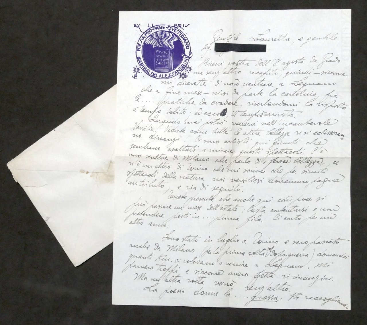 Lettera manoscritta e autografo del poeta Garibaldo Alessandrini - 1949