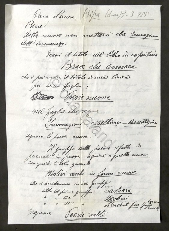 Lettera manoscritta e autografo del poeta Garibaldo Alessandrini - 1955