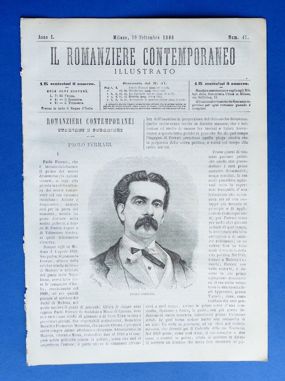 Letteratura Il romanziere contemporaneo illustrato Anno I N° 41 1868 P. Ferrari