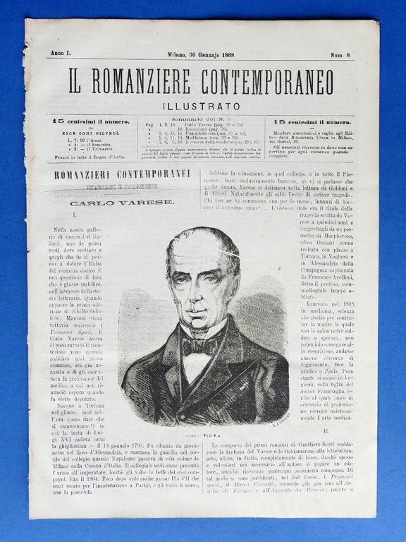 Letteratura Il romanziere contemporaneo illustrato Anno I N° 9 1868 - C. Varese