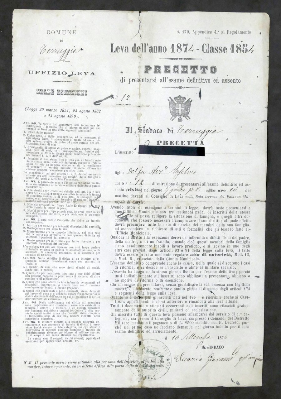 Leva dell'anno 1974 - Classe 1854 - Precetto di visita …