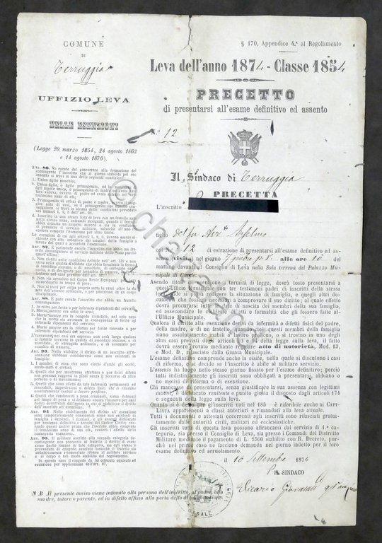 Leva dell'anno 1974 - Classe 1854 - Precetto di visita …
