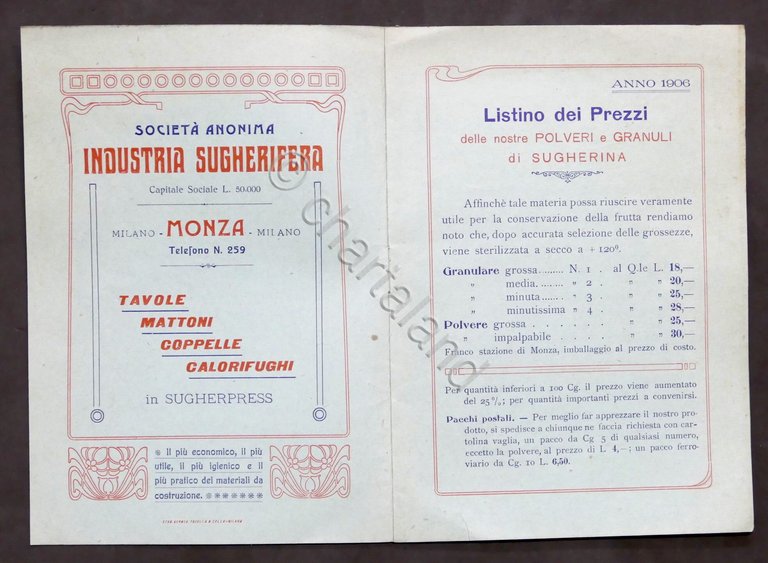 Listino Prezzi - Industria Sugherifera di Monza - Anno 1906