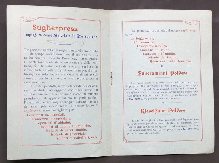 Listino Prezzi - Industria Sugherifera di Monza - Anno 1906