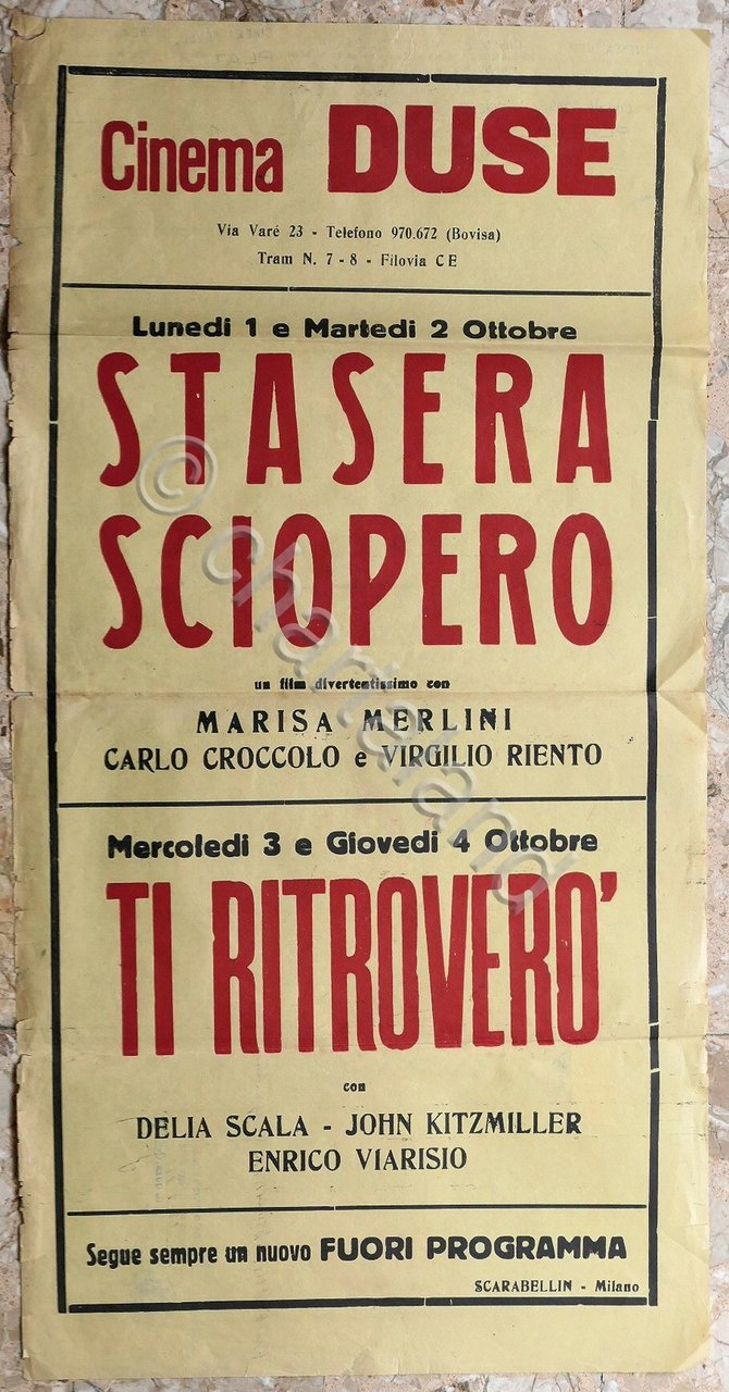 Locandina Cinema Duse - Milano - Film Stasera sciopero - …