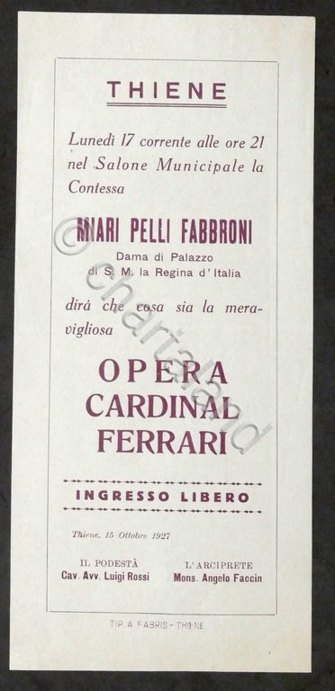 Locandina Salone Municipale di Thiene - Opera Cardinal Ferrari - 1927