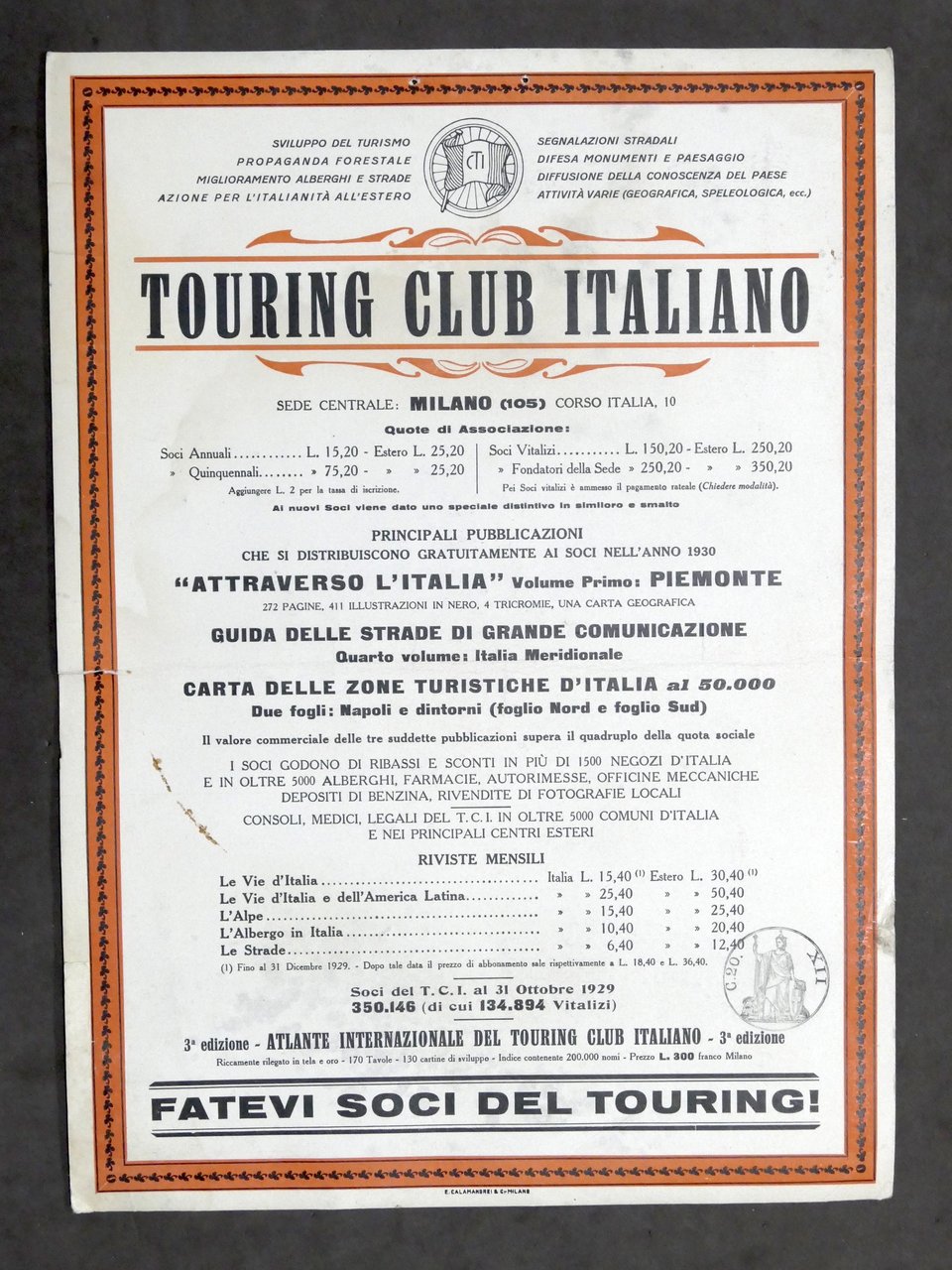 Locandina TCI Toring Club Italiano - Pubblicità campagna abbonamenti 1929 …