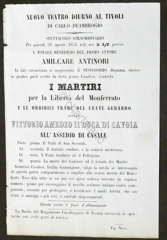 Locandina Teatro Al Tivoli di Casale - Dramma storico: I Martiri - 1854