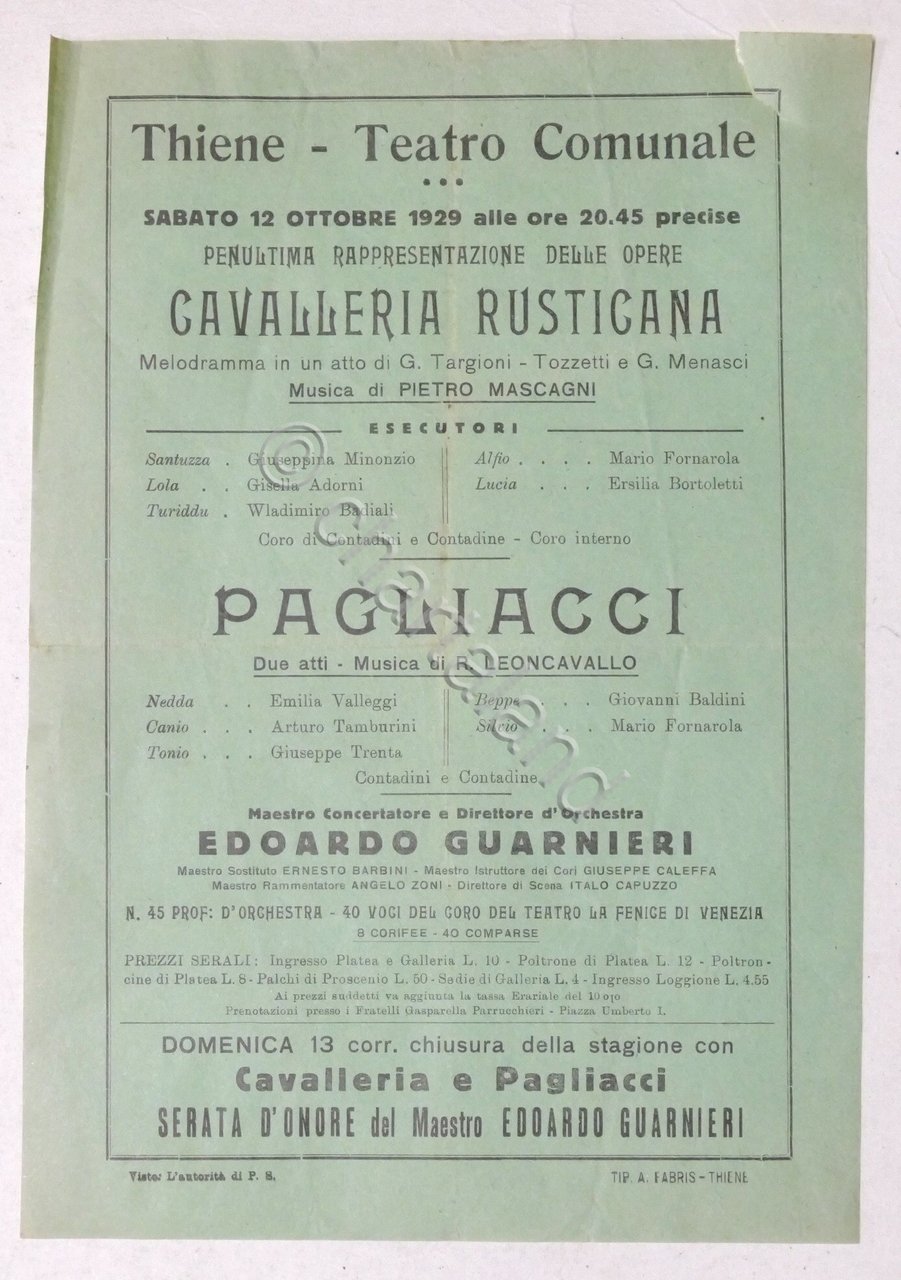 Locandina Teatro Comunale di Thiene Opere Cavalleria Rusticana / Pagliacci …