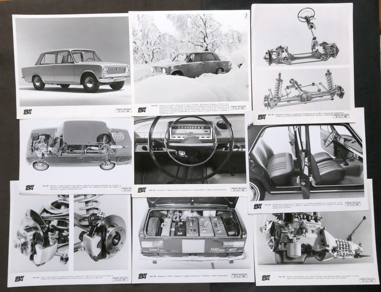 Lotto 20 fotografie e disegni tecnici FIAT 124 - anno …