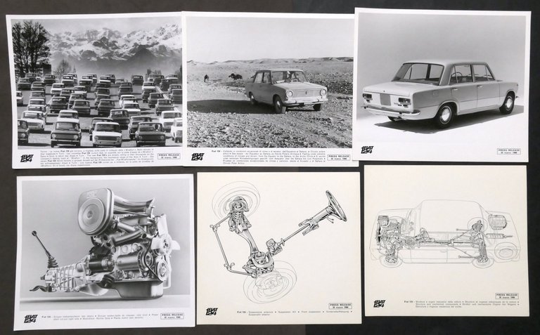 Lotto 20 fotografie e disegni tecnici FIAT 124 - anno …