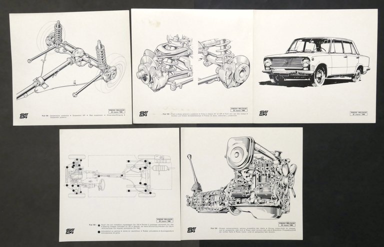 Lotto 20 fotografie e disegni tecnici FIAT 124 - anno …