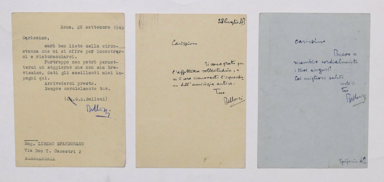 Lotto 3 autografi deputato Giulio Andrea Belloni a Libero Spandonaro … | Immagine principale
