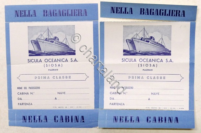 Lotto due tagliandi bagaglieria / cabina - Compagnia navigazione Sicula …