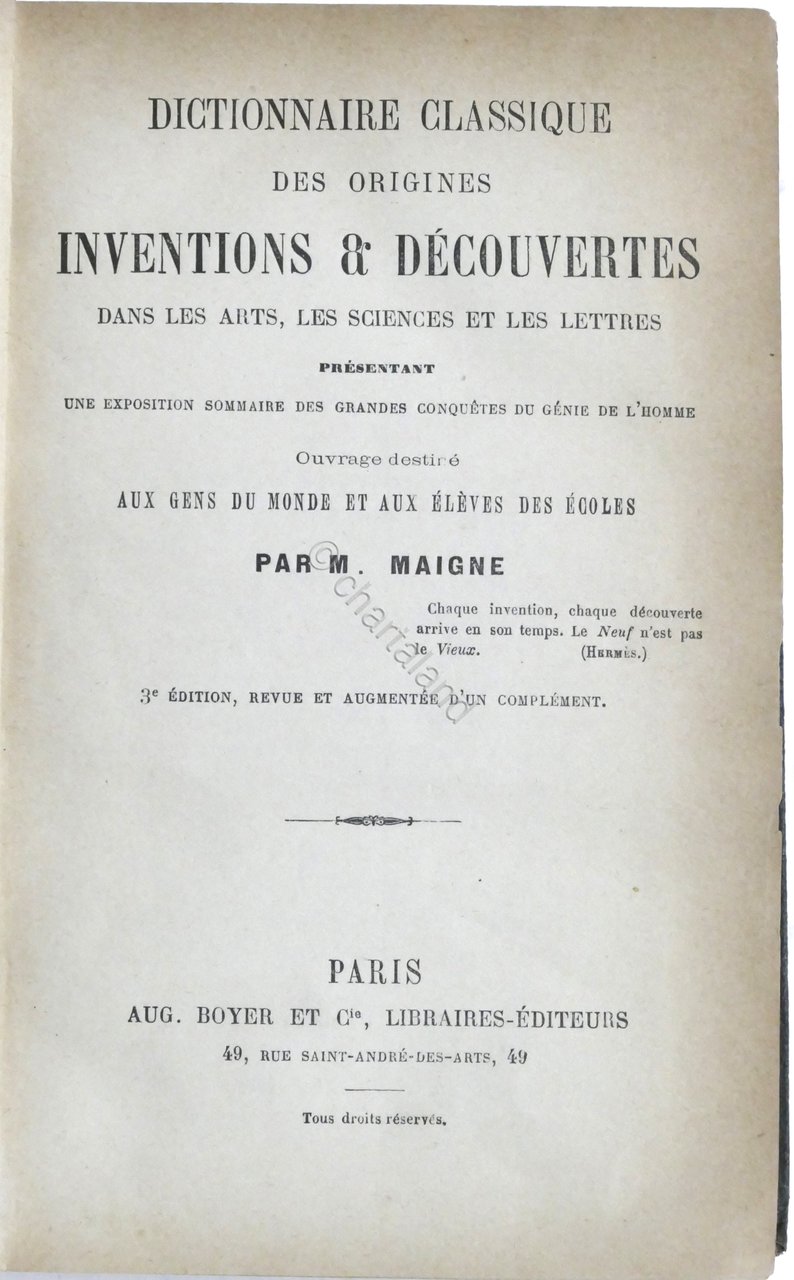 M. Maigne Dictionnaire classique des origines inventions & decouvertes 1880 …