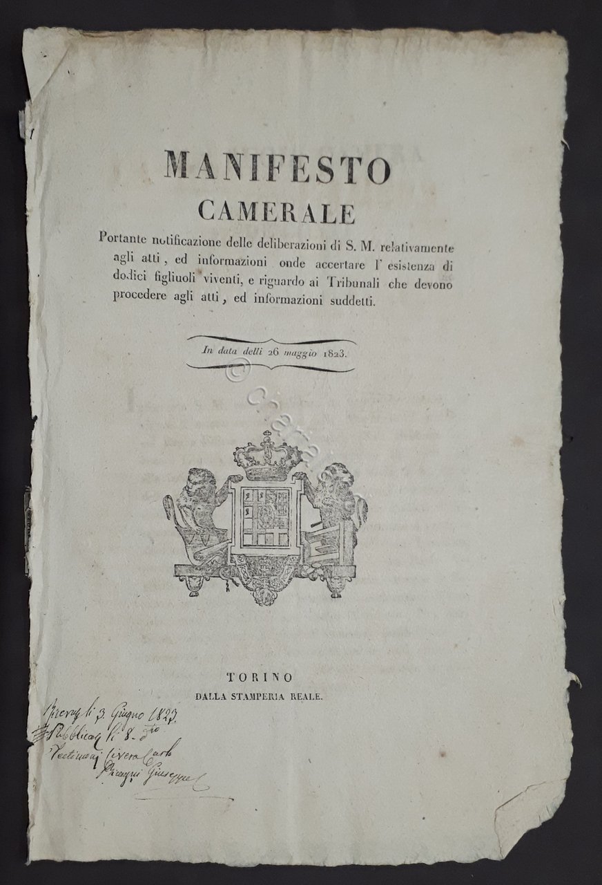 Manifesto Camerale - Accertare esistenza di dodici figlioli viventi - …