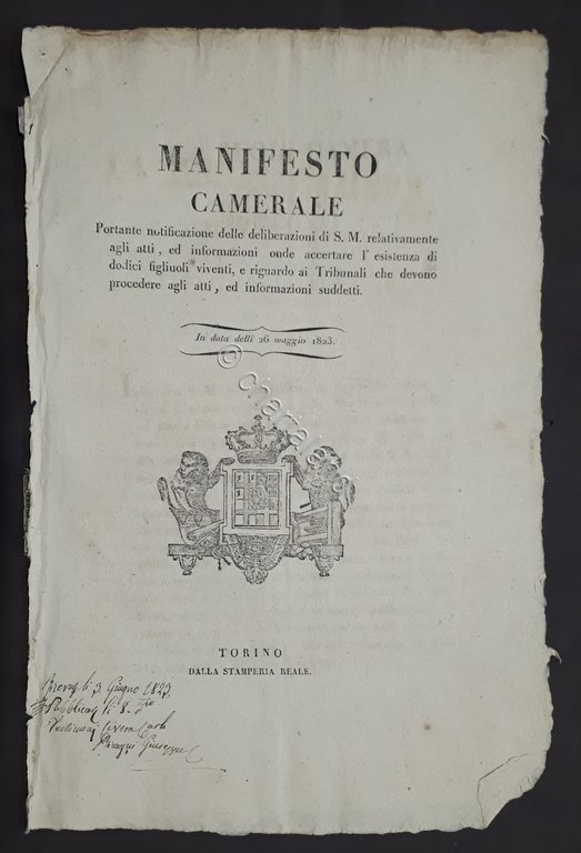 Manifesto Camerale - Accertare esistenza di dodici figlioli viventi - …