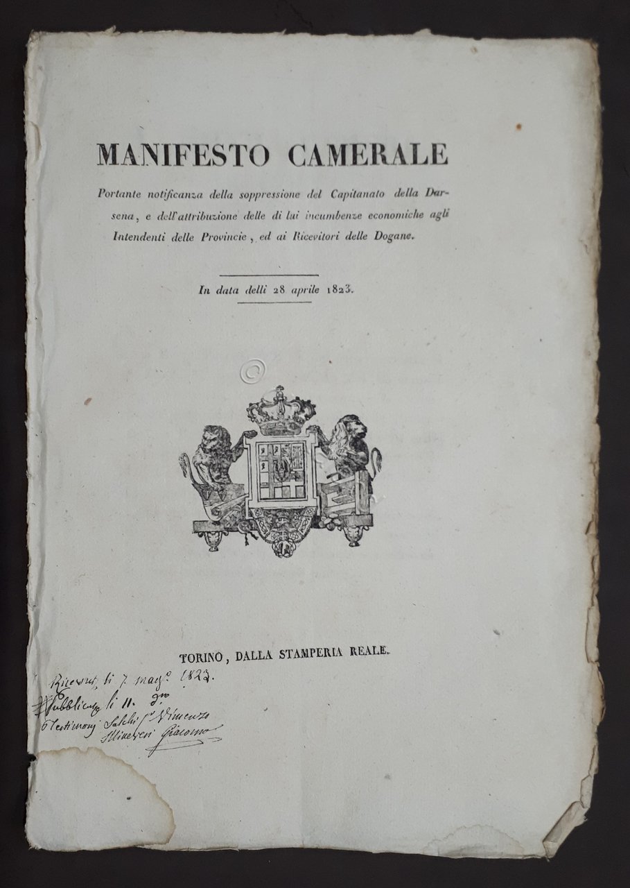 Manifesto Camerale - Notificanza della soppressione del Capitanato Darsena 1823