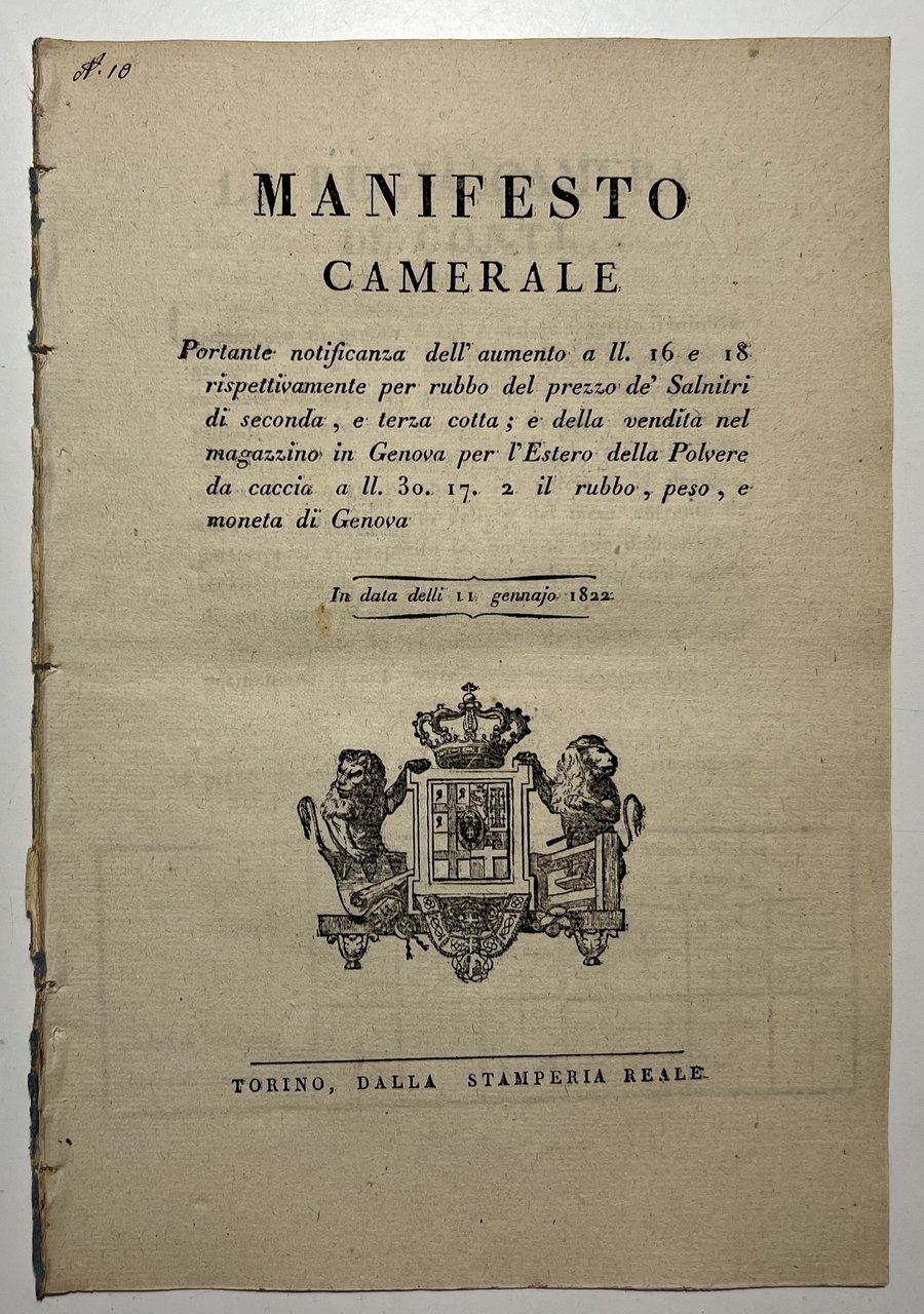 Manifesto Camerale - Vendita in Genova per l'Estero della Polvere …