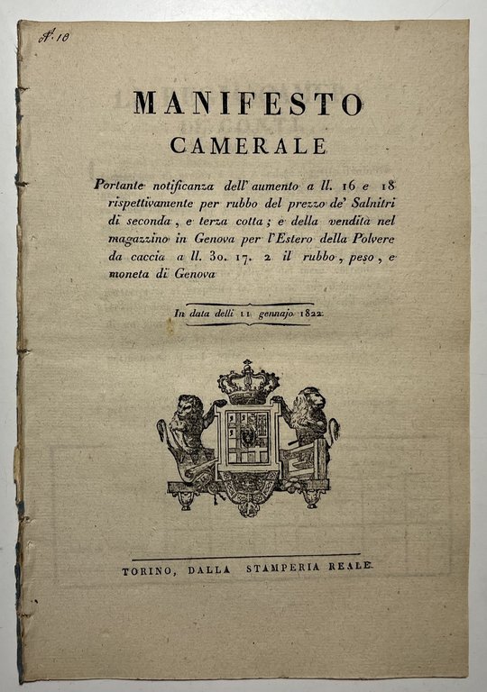 Manifesto Camerale - Vendita in Genova per l'Estero della Polvere da caccia 1822