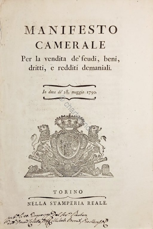 Manifesto Camerale per vendita de' Feudi Beni Dritti e Redditi …