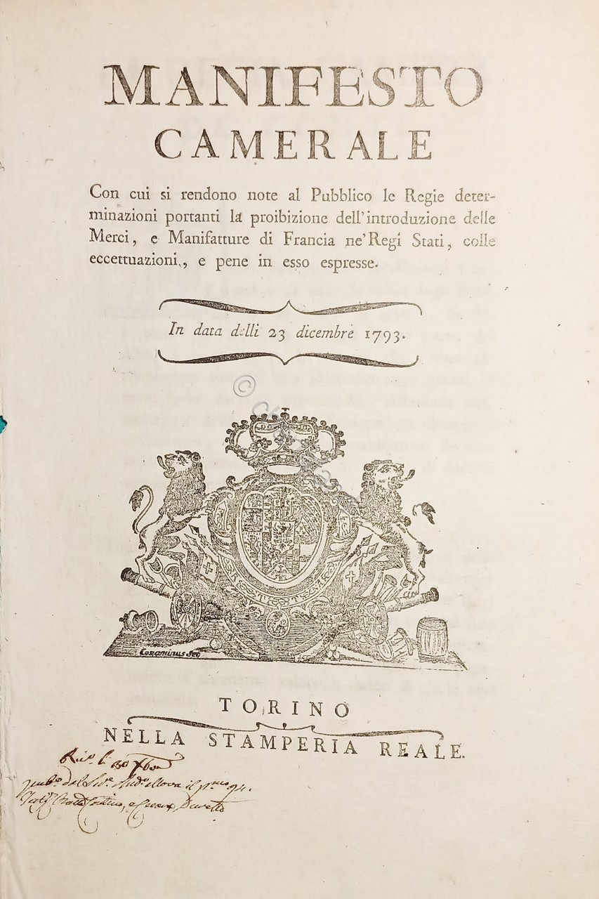 Manifesto Camerale proibizione introduzione Merci e Manifatture di Francia 1793