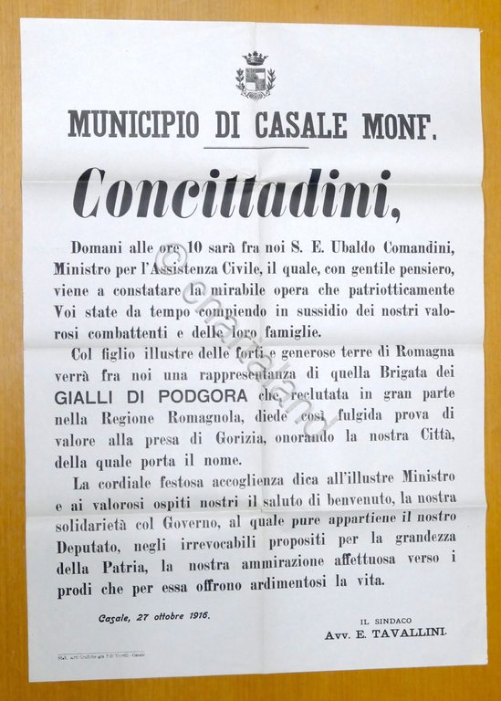 Manifesto Casale Monferrato Avviso concittadini visita ministro Comandini - 1916