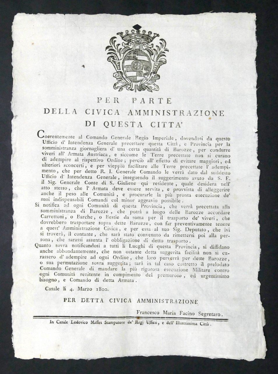Manifesto Città di Casale Adempimento rifornimento viveri Armata Austriaca 1800