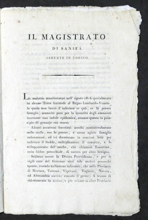 Manifesto del magistrato di sanità riguardante febbre petecchiale - Torino …