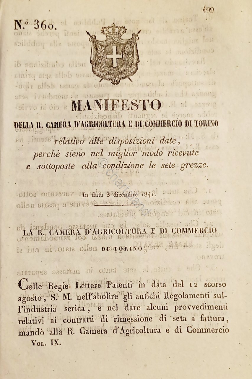 Manifesto della R. Camera d'Agricoltura e di Commercio di Torino …