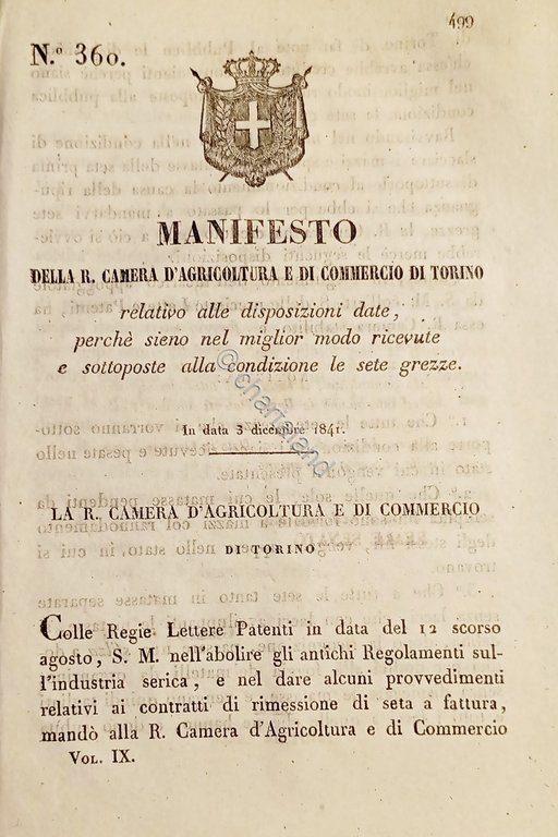 Manifesto della R. Camera d'Agricoltura e di Commercio di Torino …