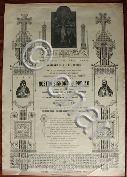 Manifesto devozionale - Nostra Signora del Popolo santuario Villafalletto 1943