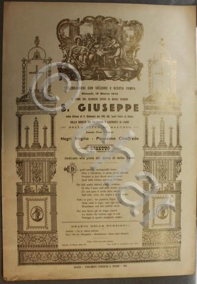 Manifesto devozionale Saluzzo - San Giuseppe - preghiera . 1942