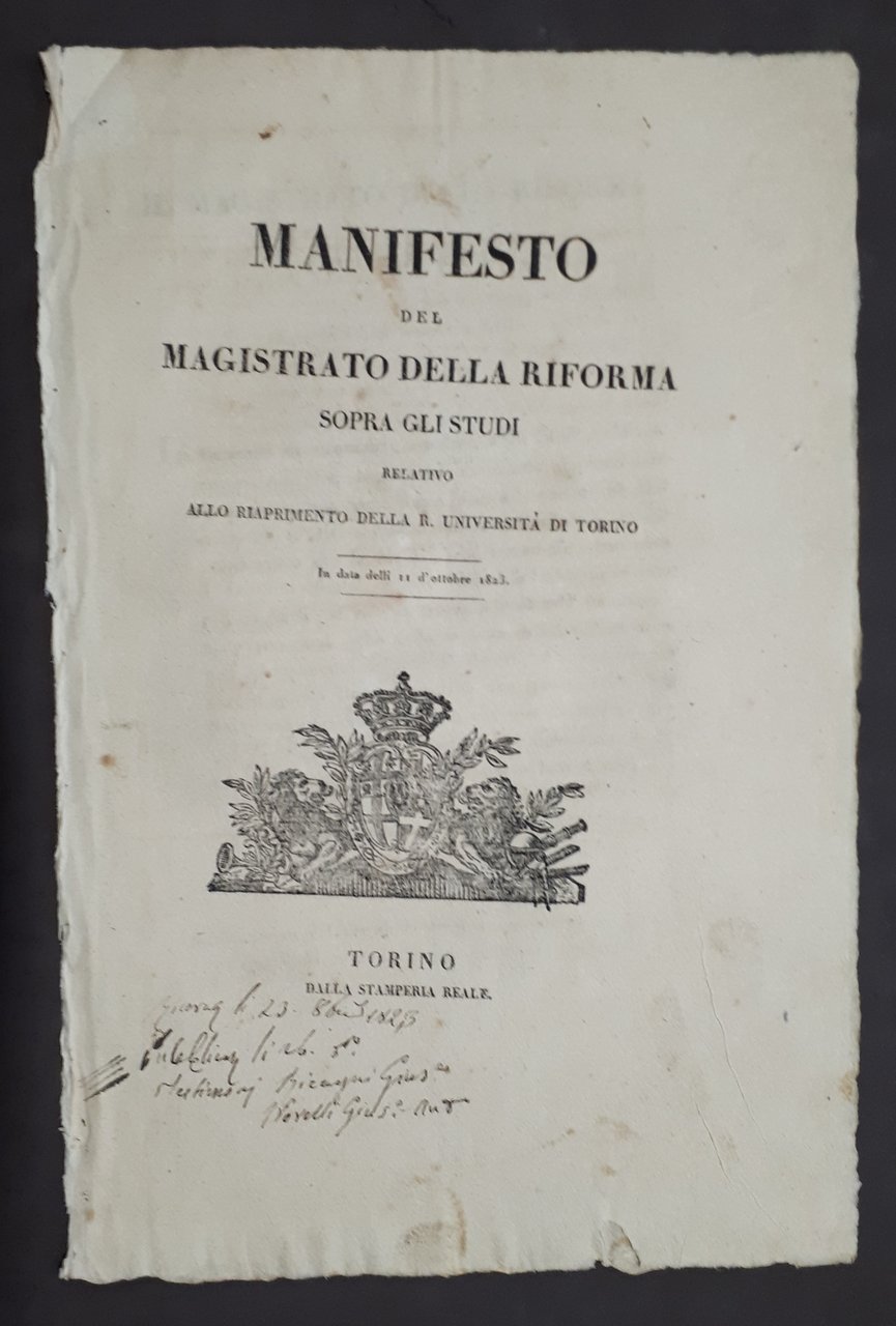 Manifesto Magistrato Riforma sopra studi riapertura R. Università di Torino …