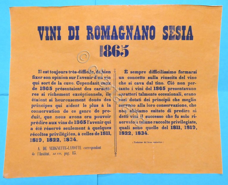 Manifesto pubblicitario - Vini di Romagnano Sesia - 1865