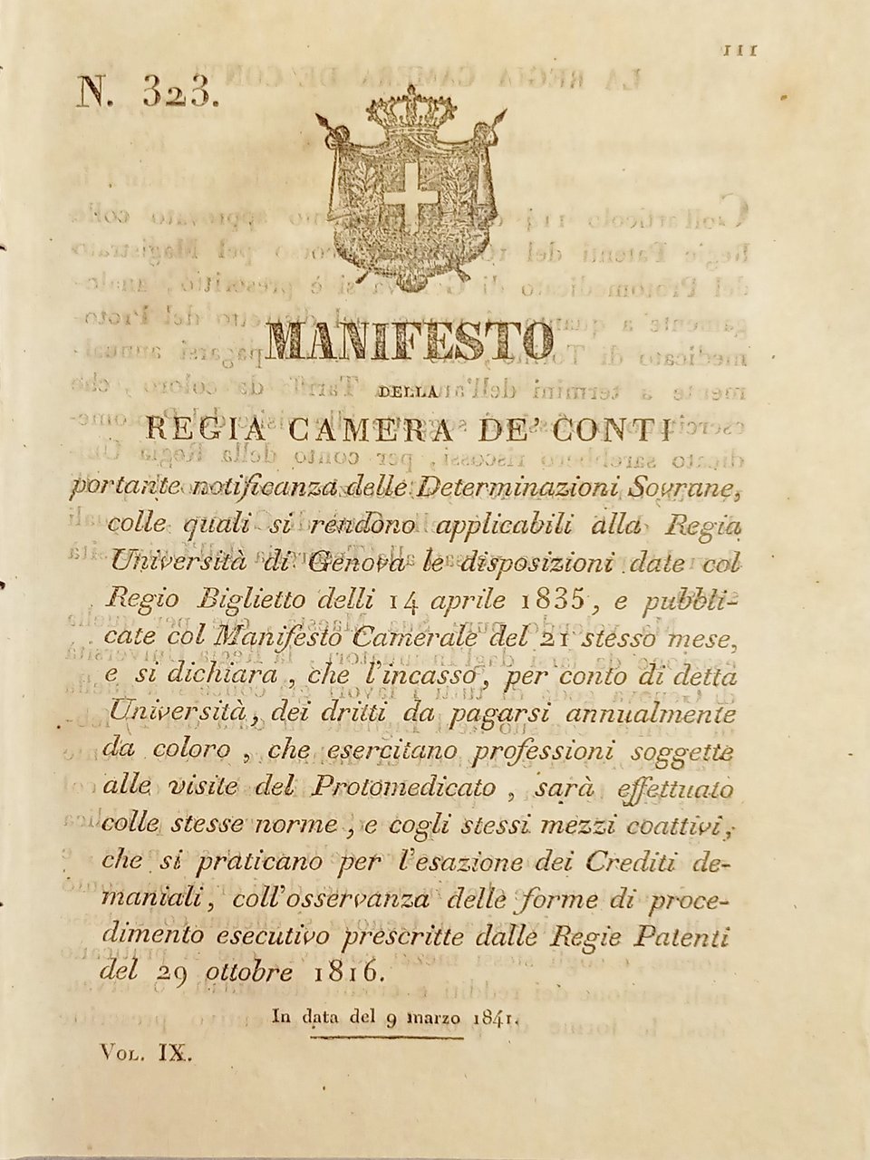 Manifesto R. Camera De' Conti - Notificanza alla Regia Università …