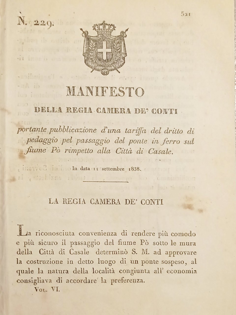 Manifesto R. Camera De Conti - Tariffa passaggio ponte fiume …