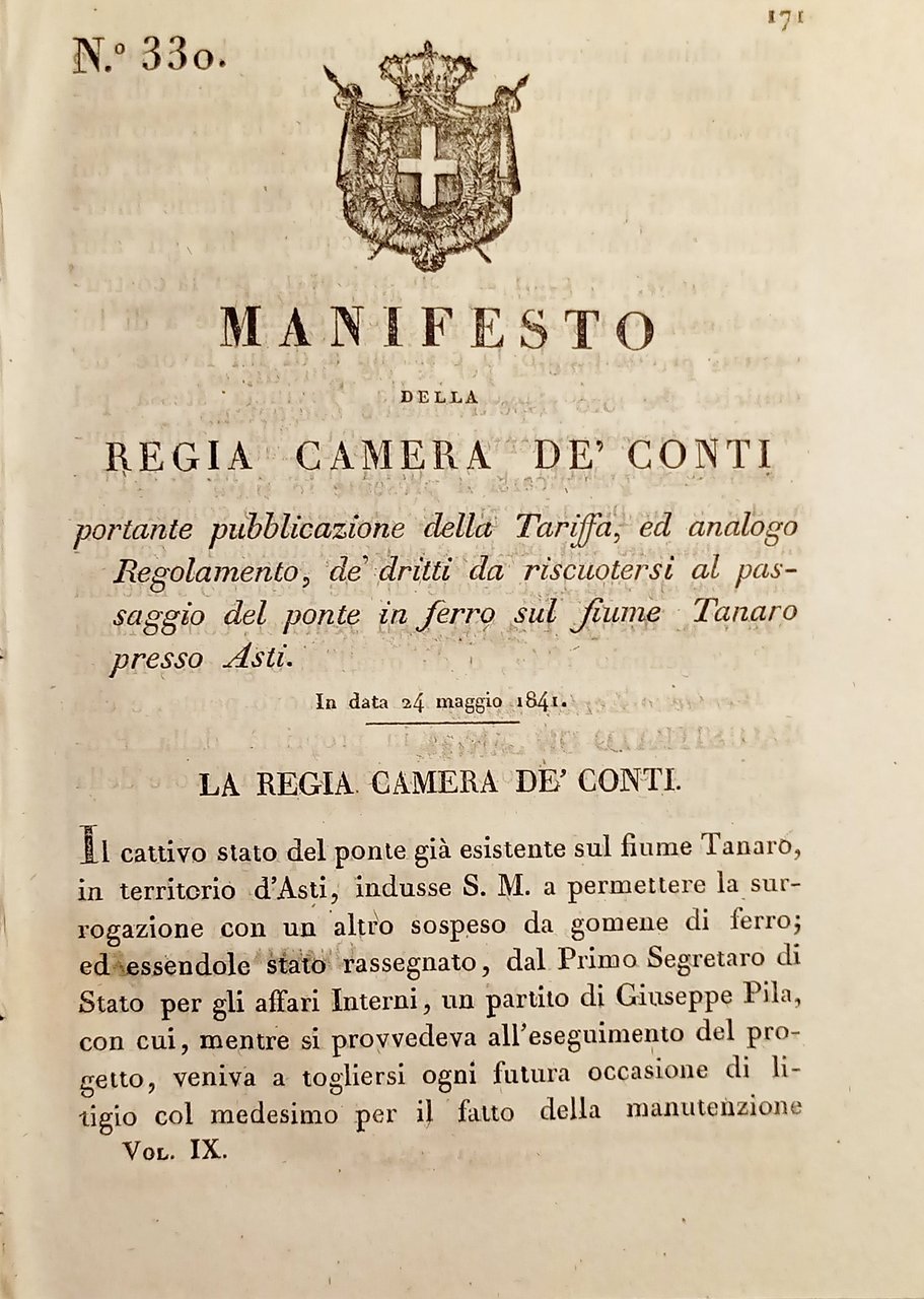 Manifesto R. Camera De' Conti - Tariffa passaggio ponte fiume …