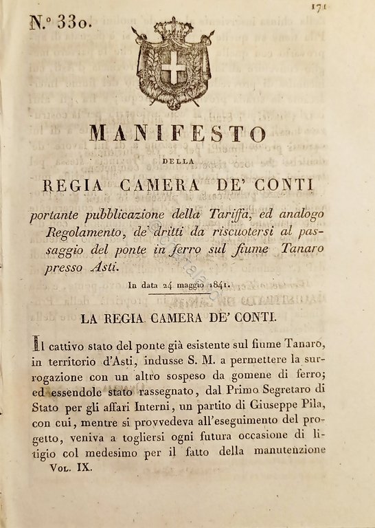 Manifesto R. Camera De' Conti - Tariffa passaggio ponte fiume …