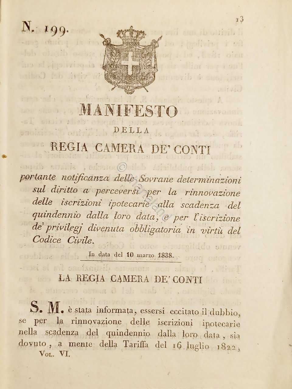 Manifesto Regia Camera De Conti - Iscrizioni ipotecarie scadenza quindennio …