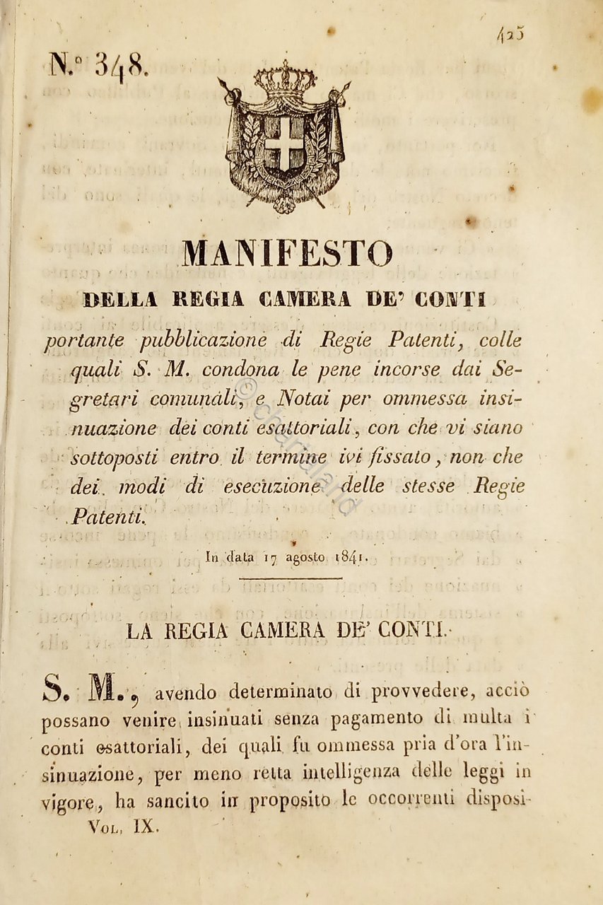 Manifesto Regia Camera De Conti - Portante pubblicazione di Regie …
