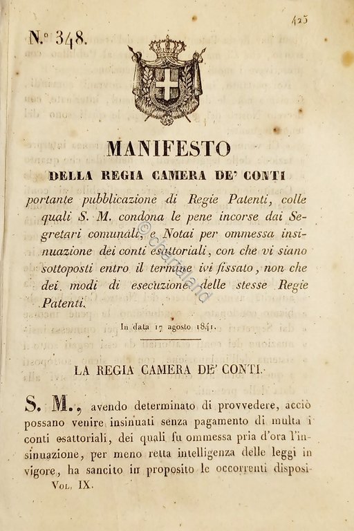 Manifesto Regia Camera De Conti - Portante pubblicazione di Regie …