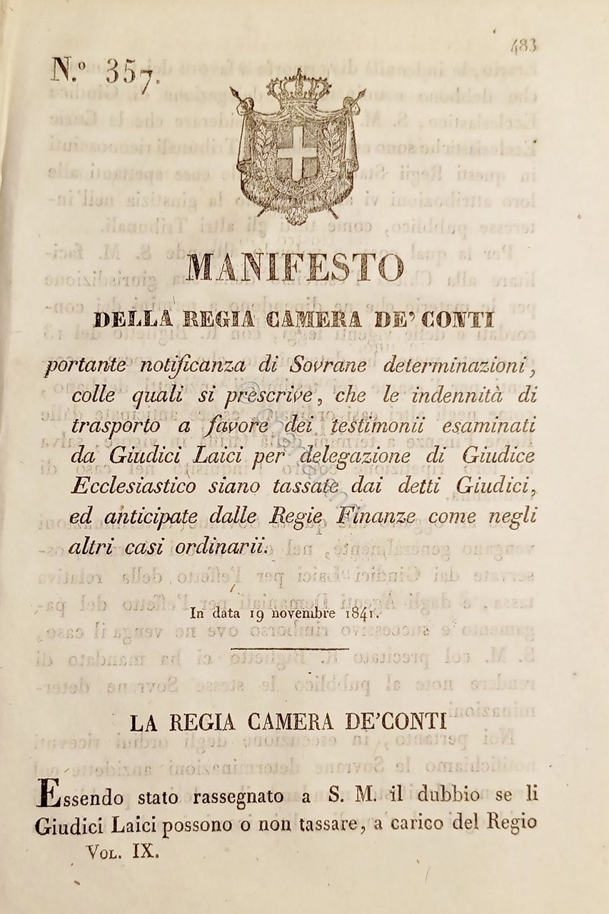 Manifesto Regia Camera De Conti - Trasporto a favore testimoni …