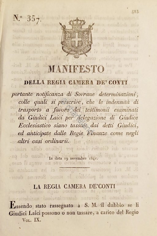 Manifesto Regia Camera De Conti - Trasporto a favore testimoni …