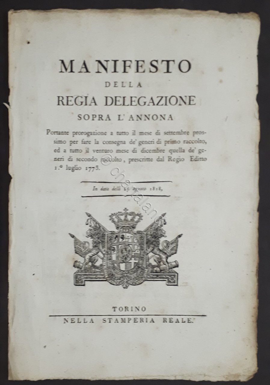 Manifesto Regia Delegazione sopra l'annona - Consegna generi primo raccolto …