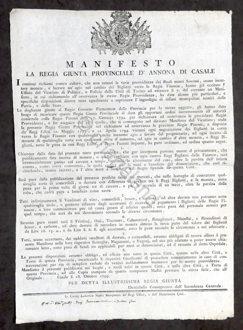 Manifesto Regia Giunta di Casale Provvedimenti Monete Biglietti - 1799