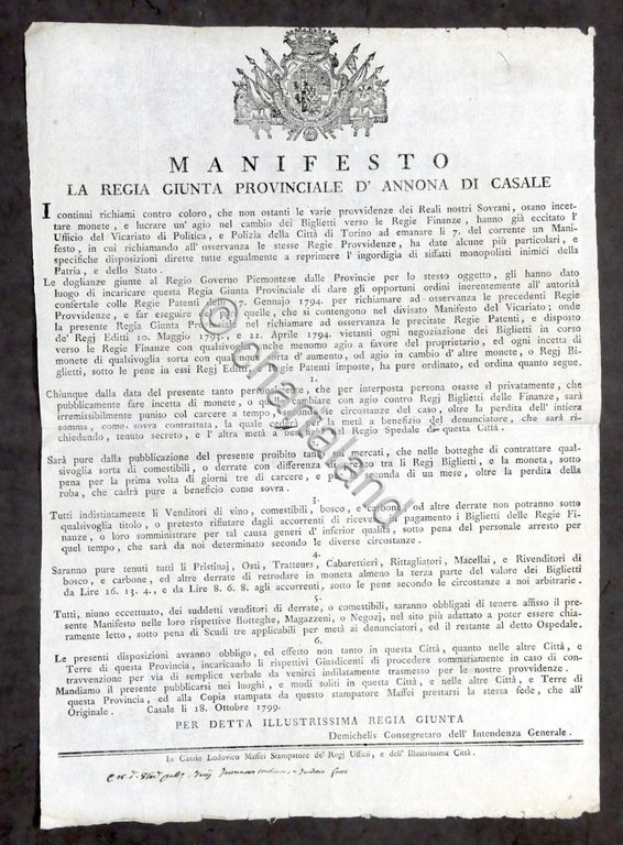 Manifesto Regia Giunta di Casale Provvedimenti Monete Biglietti - 1799
