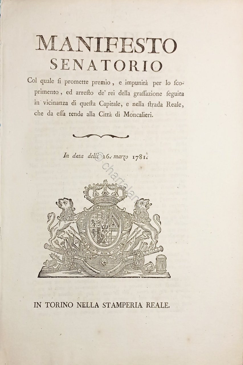 Manifesto Sanatorio premio per arresto rapinatori strada Moncalieri - 1781