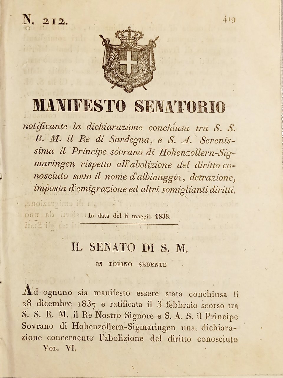 Manifesto Senatorio - Diritto albinaggio, detrazione, imposta d'emigrazione 1838